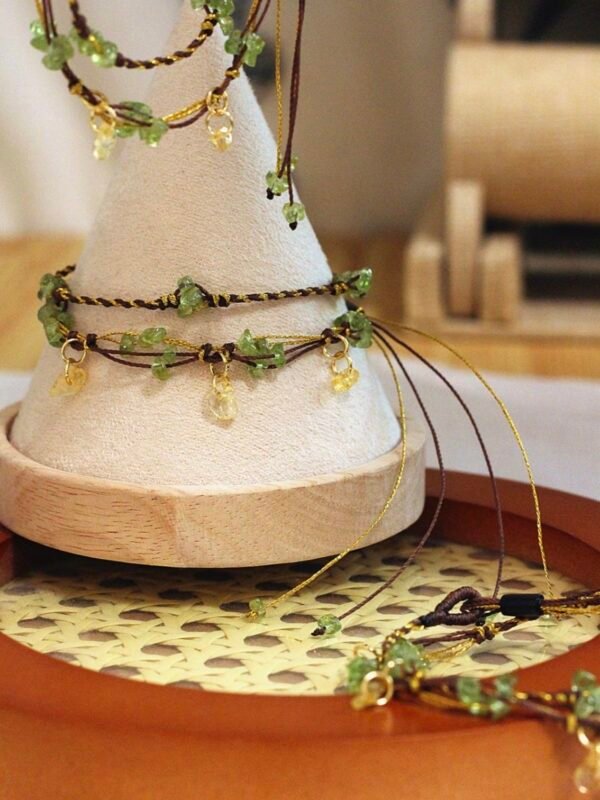 "Rotten grass is firefly"Green olive stone yellow crystal hand woven rope