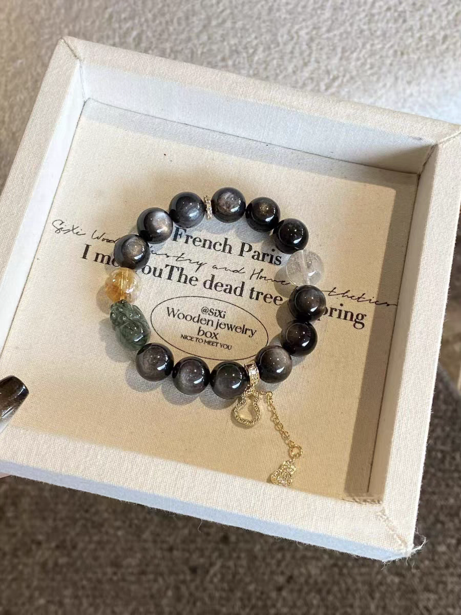 Natural Crystal Bracelet Green Hair Crystal Pixiu White Ace Second Grade Silver Shine Bracelet Atmospheric Original Design Bracelet